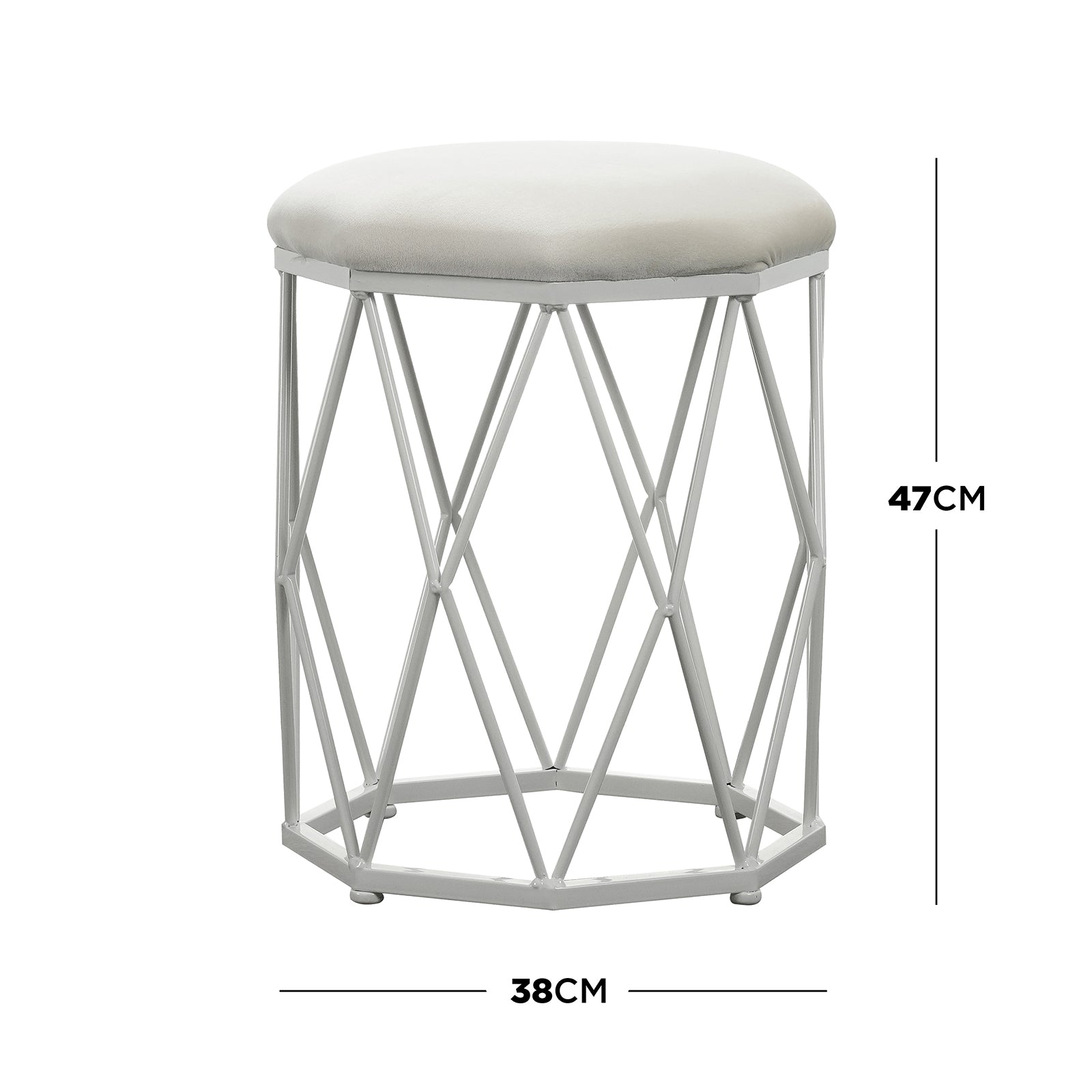 Paisley Velvet Round Accent Stool in White features a hexagonal wire-frame base with a geometric pattern and a round, lightly padded cream velvet cushion, offering elegance and comfort for versatile use.