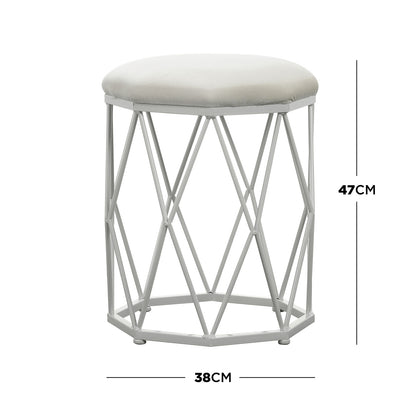 Paisley Velvet Round Accent Stool in White features a hexagonal wire-frame base with a geometric pattern and a round, lightly padded cream velvet cushion, offering elegance and comfort for versatile use.