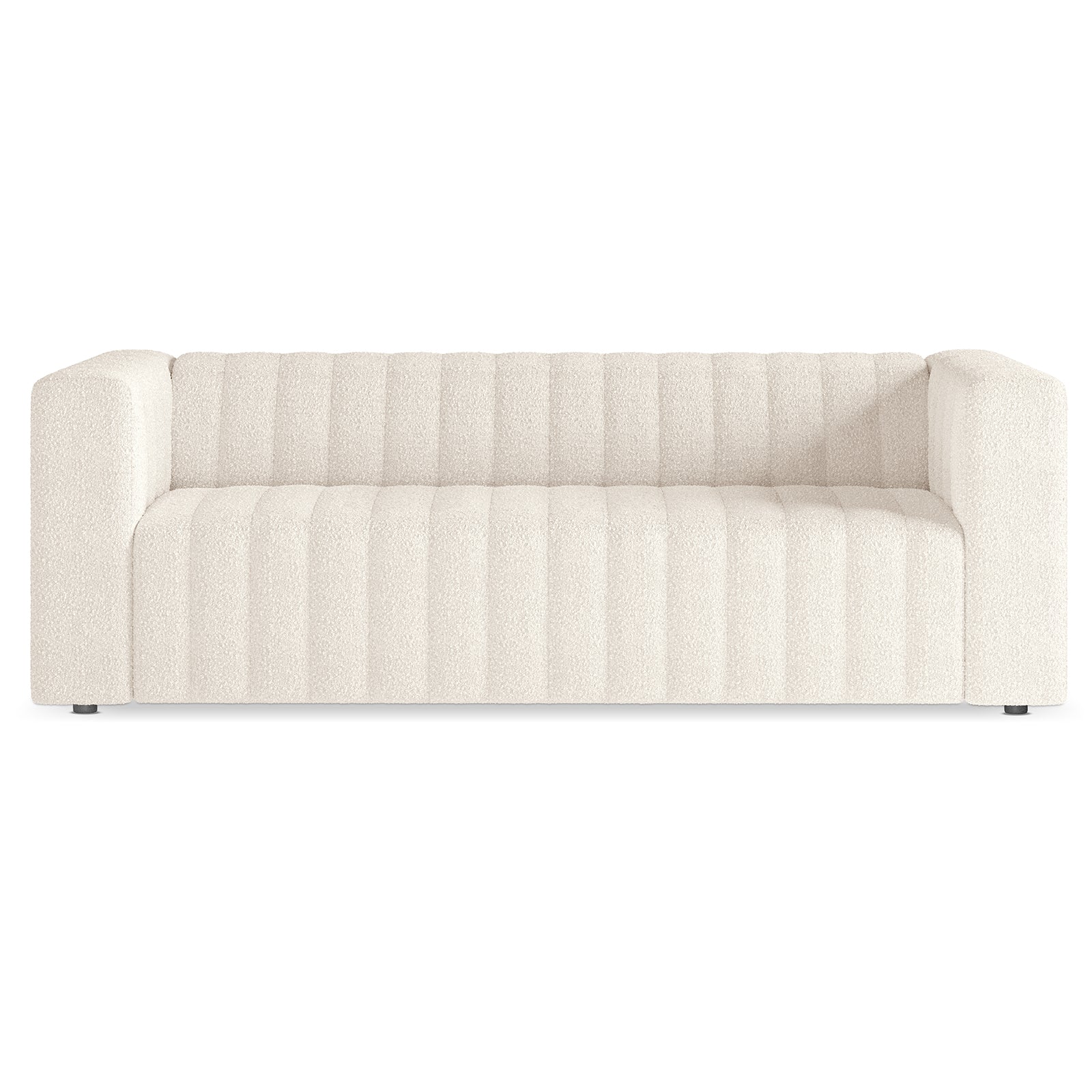 The Parisa 3 Seater Tufted Boucle Sofa in Cream White features a modern, boxy design with creamy white bouclé fabric, channel-tufted cushions, low squared arms, and discreet short feet.