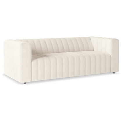 Parisa 3 Seater Tufted Boucle Sofa in Cream White, featuring deep channel tufting, squared arms, and a contemporary box-style silhouette with textured boucle upholstery, offering a modern, stylish look.