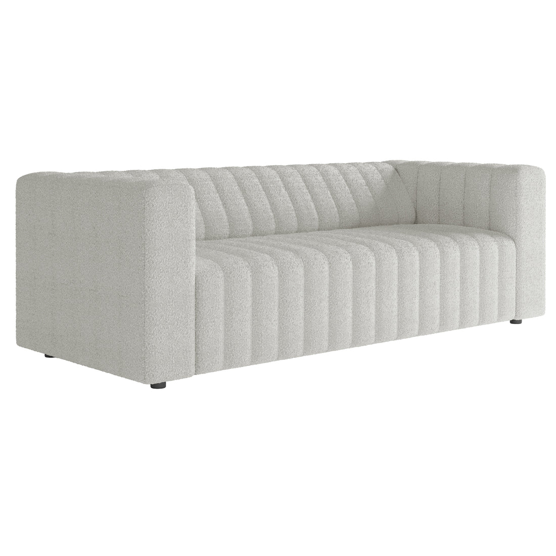 Parisa 3 Seater Tufted Boucle Sofa in Light Grey, featuring a modern design with vertical channel-style tufting, straight blocky arms, and a plush boucle fabric for a cosy, elegant feel.