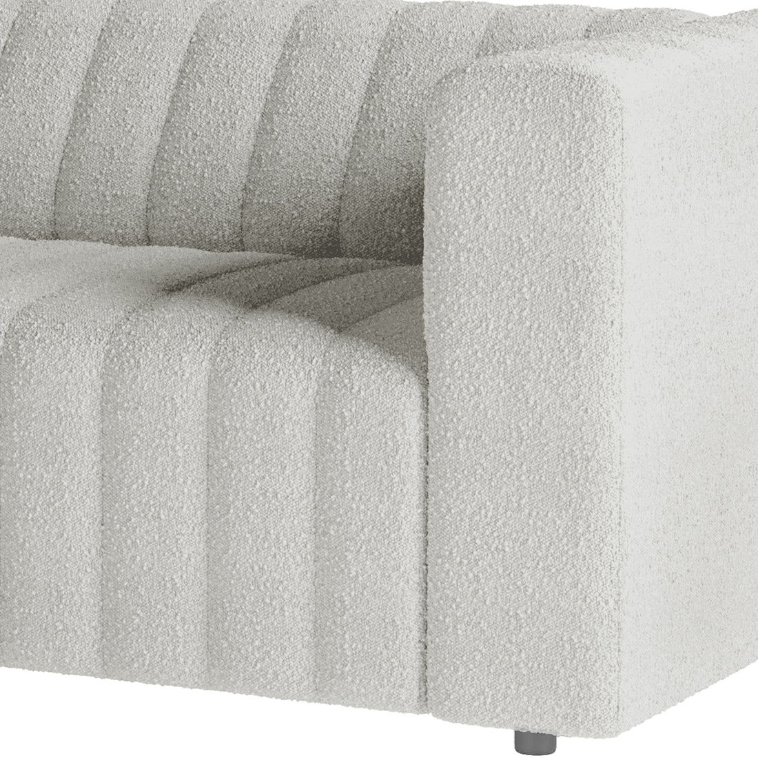 Close-up of Parisa 3 Seater Tufted Boucle Sofa showcasing its plush boucle fabric and elegant tufted detailing, highlighting the modern design and inviting texture.