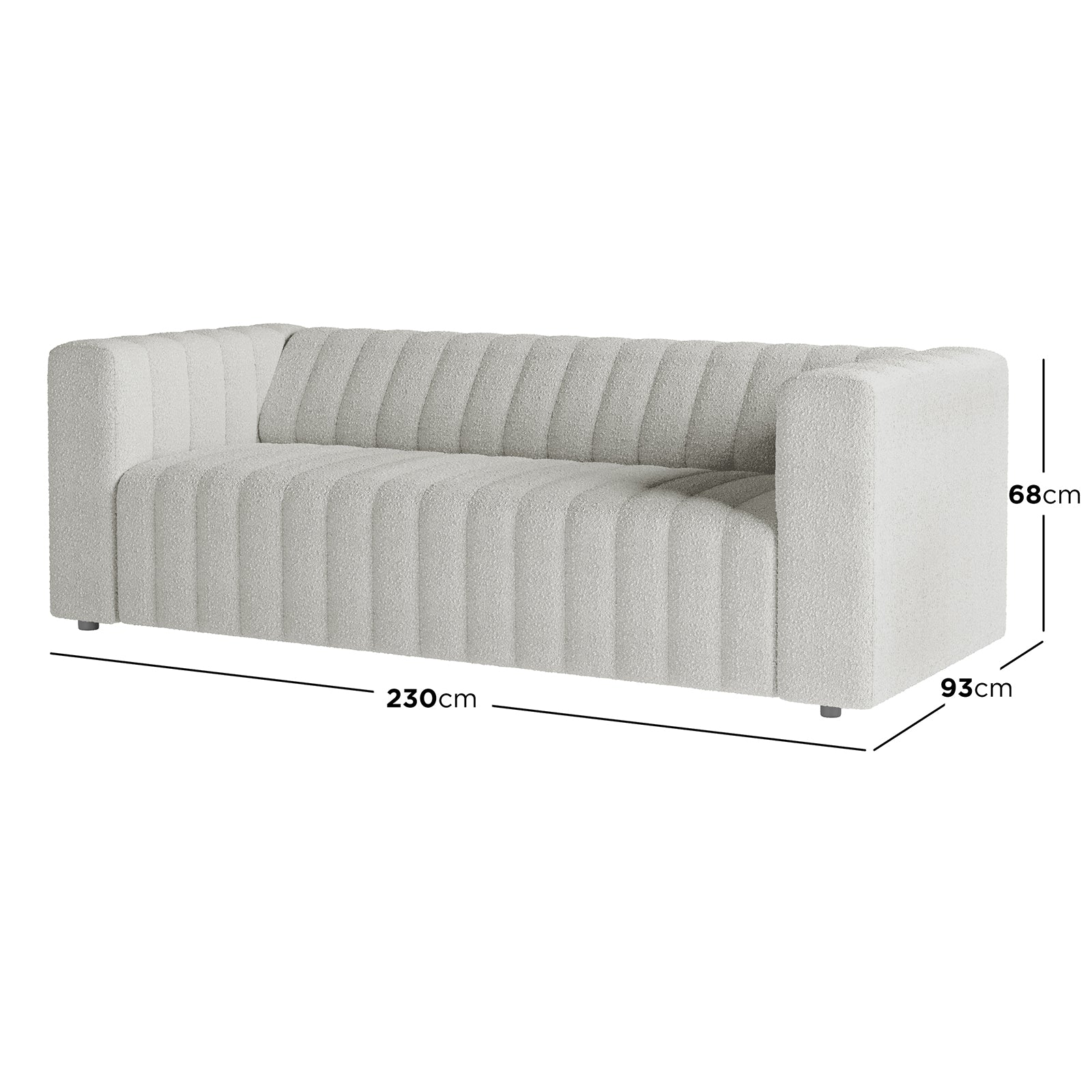 Parisa 3 Seater Tufted Boucle Sofa showcasing close-up views of its plush tufted boucle fabric and foam surface, highlighting the elegant design and comfort of this sophisticated furniture piece.