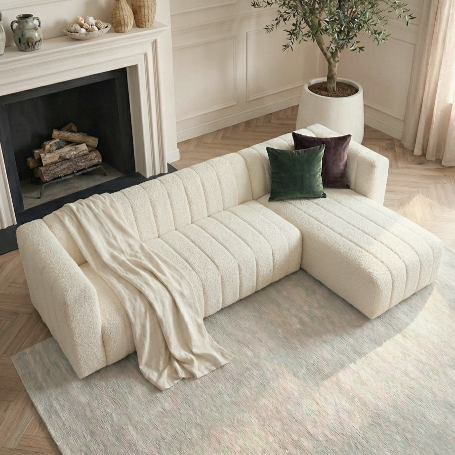 Parisa 4 Seater Tufted Boucle Sofa with Chaise in Cream White