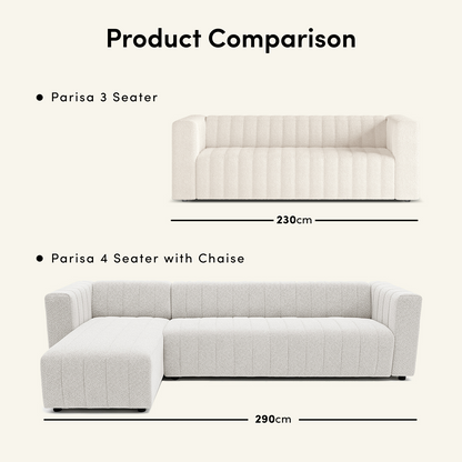 Comparison graphic of two sofas: Parisa 3-Seater and Parisa 4 Seater Tufted Boucle Sofa with Chaise in Cream White, highlighting modern design, boucle fabric, and dimensions of 230 cm and 290 cm, respectively.