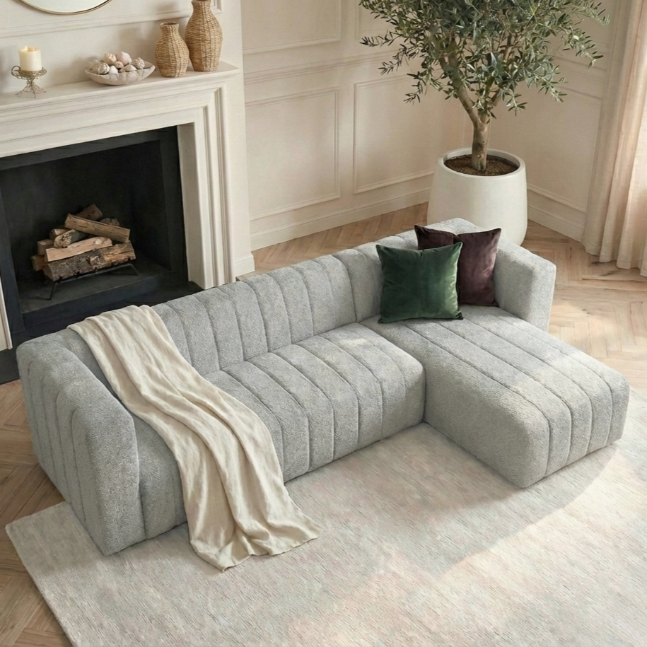Parisa 4 Seater Tufted Boucle Sofa with Chaise in Light Grey