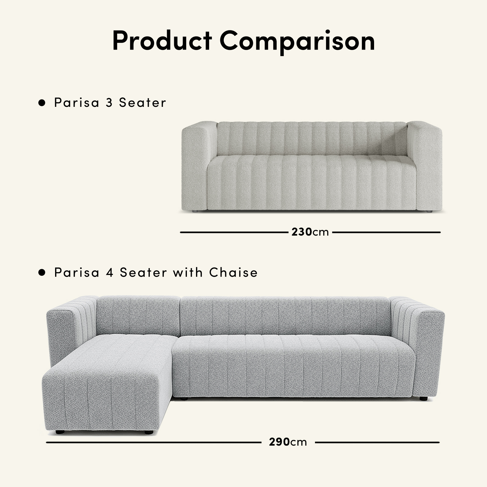 Parisa 4 Seater Tufted Boucle Sofa with Chaise in Light Grey, showcasing an L-shaped design with channel-tufting, deep seating, and reversible chaise, ideal for spacious and comfortable lounging.