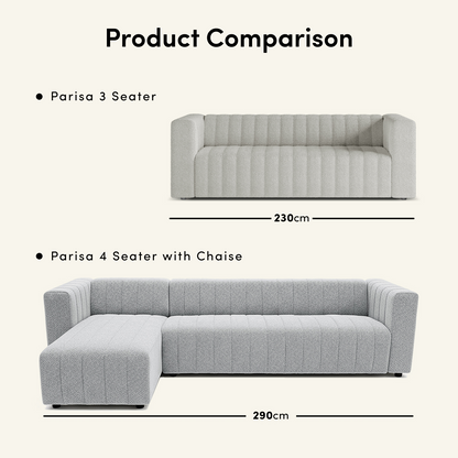 Parisa 4 Seater Tufted Boucle Sofa with Chaise in Light Grey, showcasing an L-shaped design with channel-tufting, deep seating, and reversible chaise, ideal for spacious and comfortable lounging.