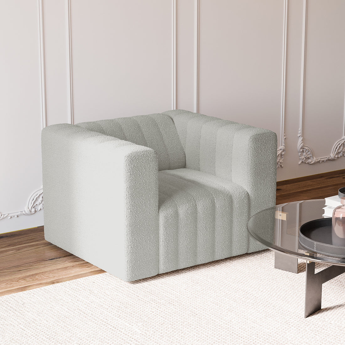 The image displays the Parisa 1 Seater Tufted Boucle Single Sofa in Light Grey, featuring luxurious boucle fabric upholstery and a modern tufted design, nestled in a tastefully appointed living room.