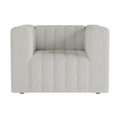 Parisa 1 Seater Tufted Boucle Sofa in Light Grey, featuring a blocky design with wide squared arms, channel-stitched back, and seat, upholstered in textured bouclé fabric for modern elegance.