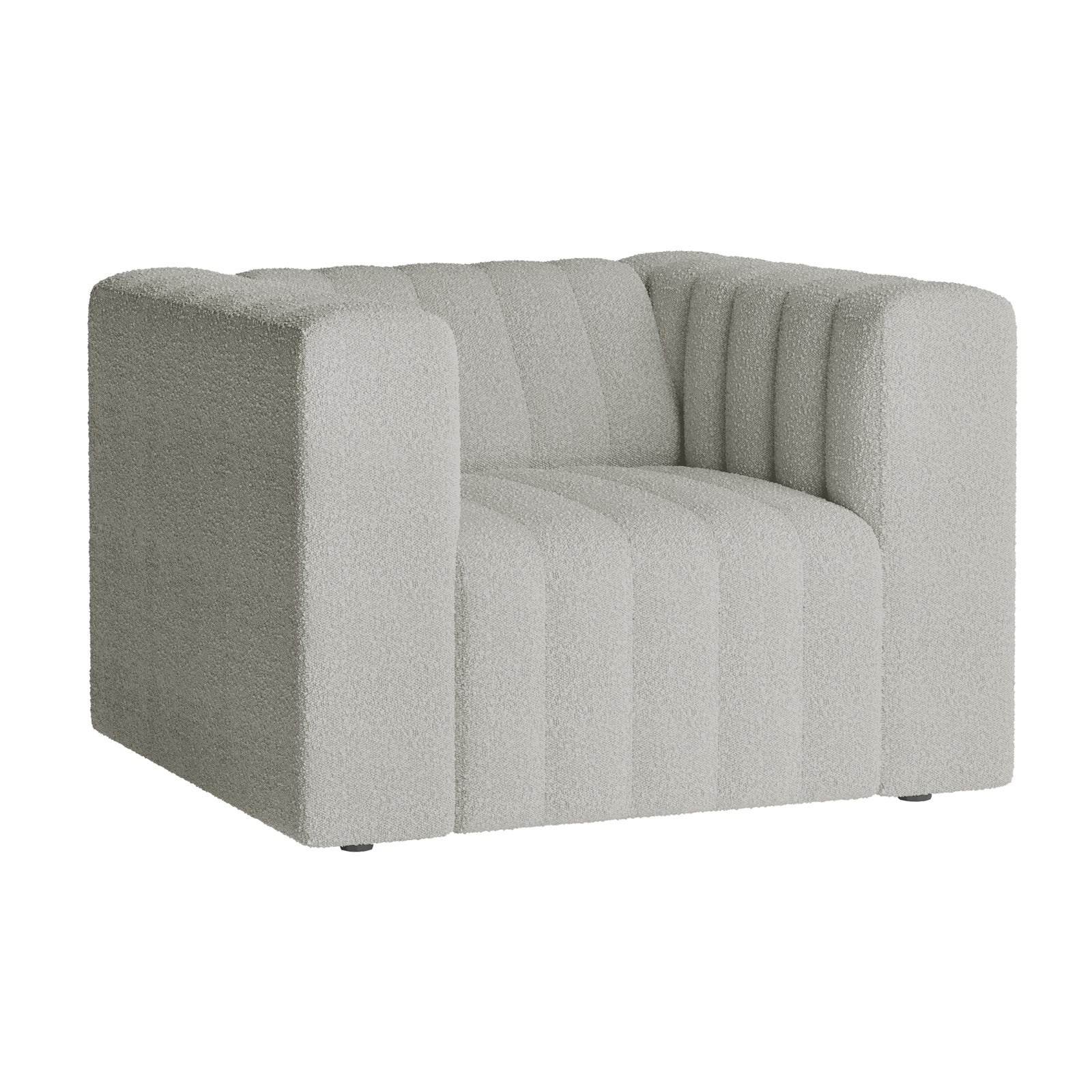 Parisa 1 Seater Tufted Boucle Single Sofa in Light Grey, featuring a cube shape, low back, thick armrests, and vertical channel tufting, upholstered in textured bouclé fabric, low-profile design.