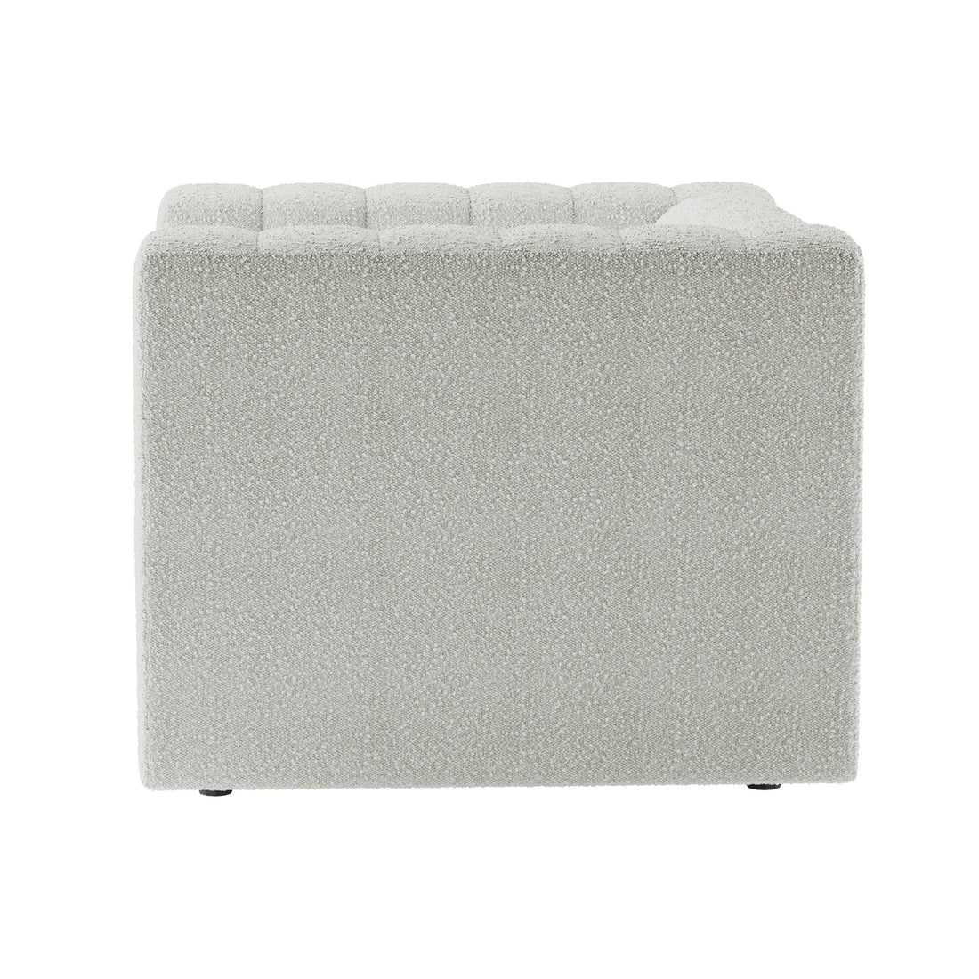 Parisa 1 Seater Tufted Boucle Single Sofa in Light Grey, cube-shaped with tufted cushion top, upholstered in bouclé fabric, showcasing a modern, low-rise design.
