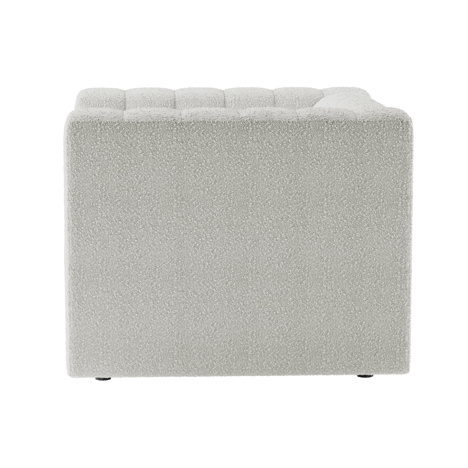 Parisa 1 Seater Tufted Boucle Single Sofa in Light Grey, cube-shaped with tufted cushion top, upholstered in bouclé fabric, showcasing a modern, low-rise design.