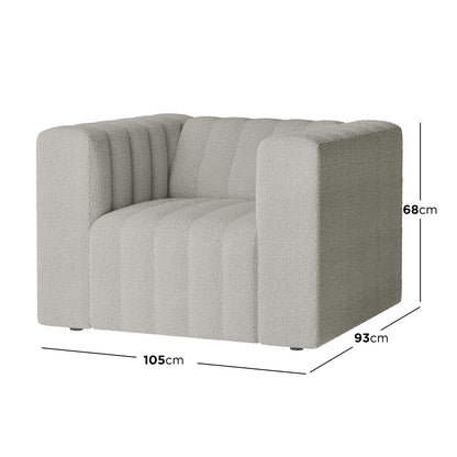 Parisa 1 Seater Tufted Boucle Single Sofa in Light Grey, features a cube shape with light-grey bouclé upholstery and vertical channel tufting, measuring 105cm wide, 93cm deep, and 68cm tall.