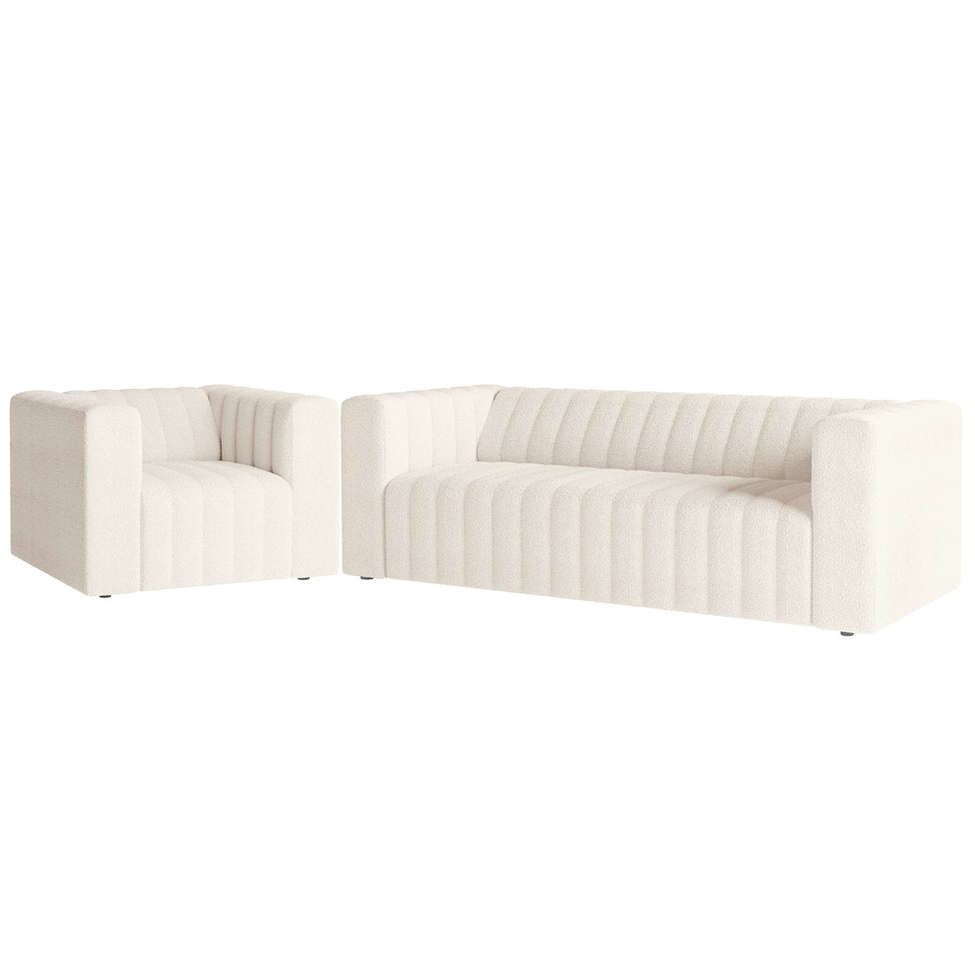 Parisa 4 Seater Tufted Boucle Sofa Set Cream White, showcasing tufted detailing, plush seating with high-density foam, and a low-rise modern design. Ideal for contemporary living room arrangements.