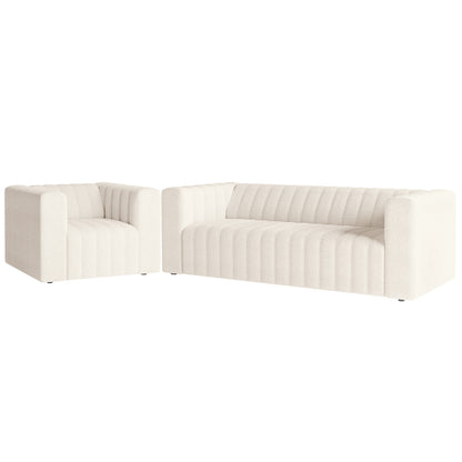 Parisa 4 Seater Tufted Boucle Sofa Set Cream White, showcasing tufted detailing, plush seating with high-density foam, and a low-rise modern design. Ideal for contemporary living room arrangements.