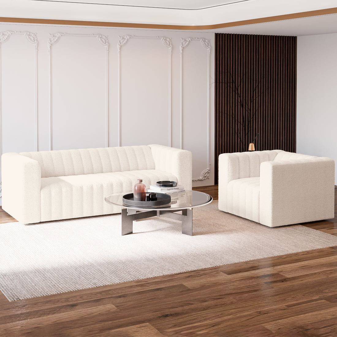 Parisa 4 Seater Tufted Boucle Sofa Set in Cream White, featuring a low-profile design with softly rounded edges and plush upholstery, complemented by a matching armchair in a modern living room setting.