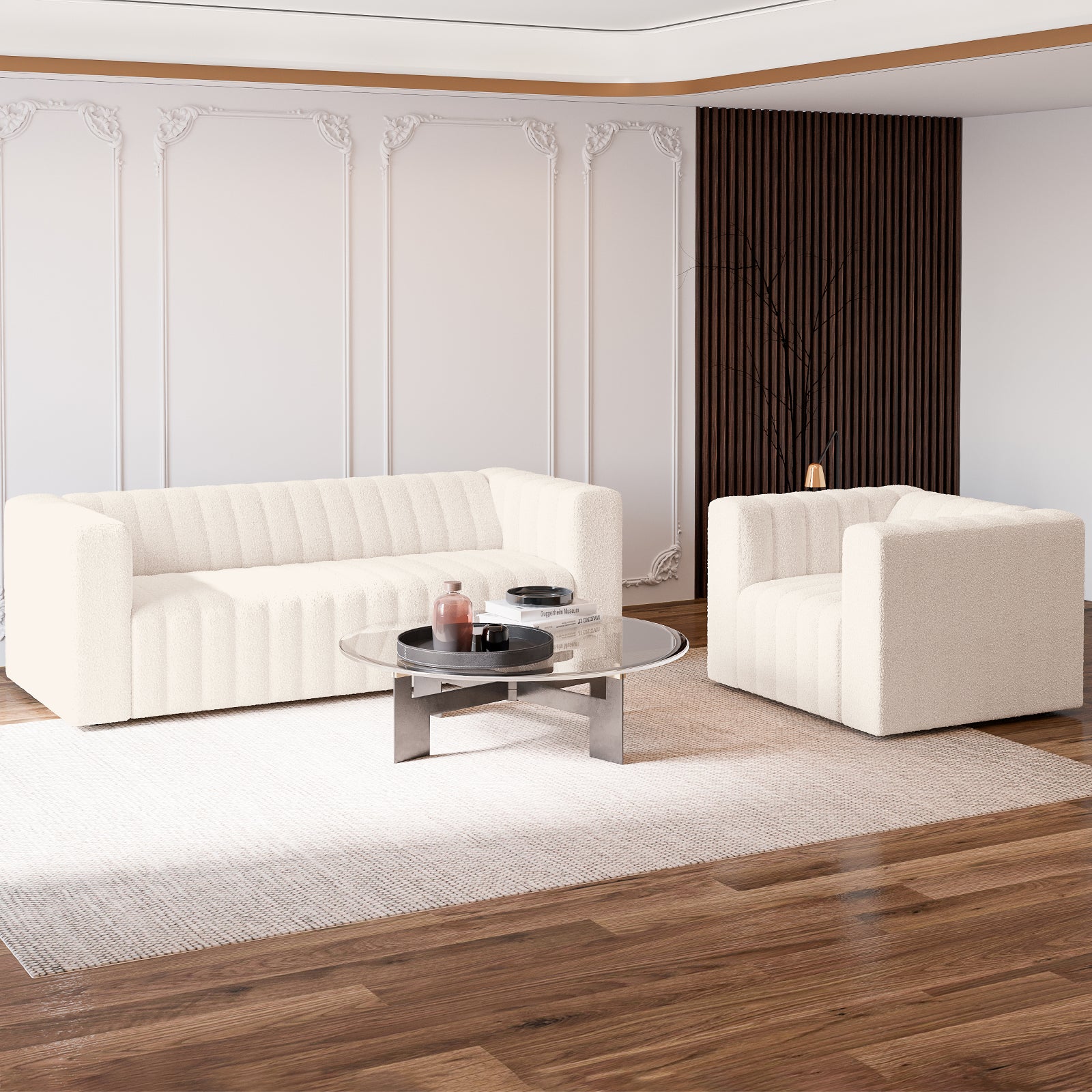 Parisa 4 Seater Tufted Boucle Sofa Set in Cream White, featuring a low-profile design with softly rounded edges and plush upholstery, complemented by a matching armchair in a modern living room setting.