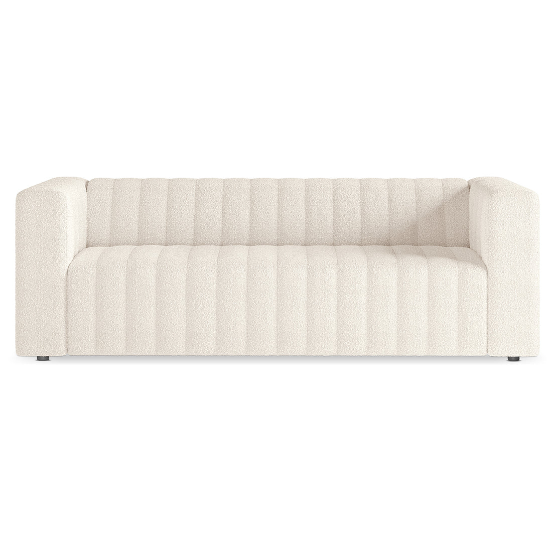 Parisa 4 Seater Tufted Boucle Sofa Set Cream White, showcasing elegant tufted detailing and luxurious boucle texture on a sleek, modern low-rise design with black legs, perfect for stylish living spaces.