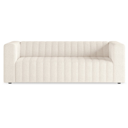 Parisa 4 Seater Tufted Boucle Sofa Set Cream White, showcasing elegant tufted detailing and luxurious boucle texture on a sleek, modern low-rise design with black legs, perfect for stylish living spaces.