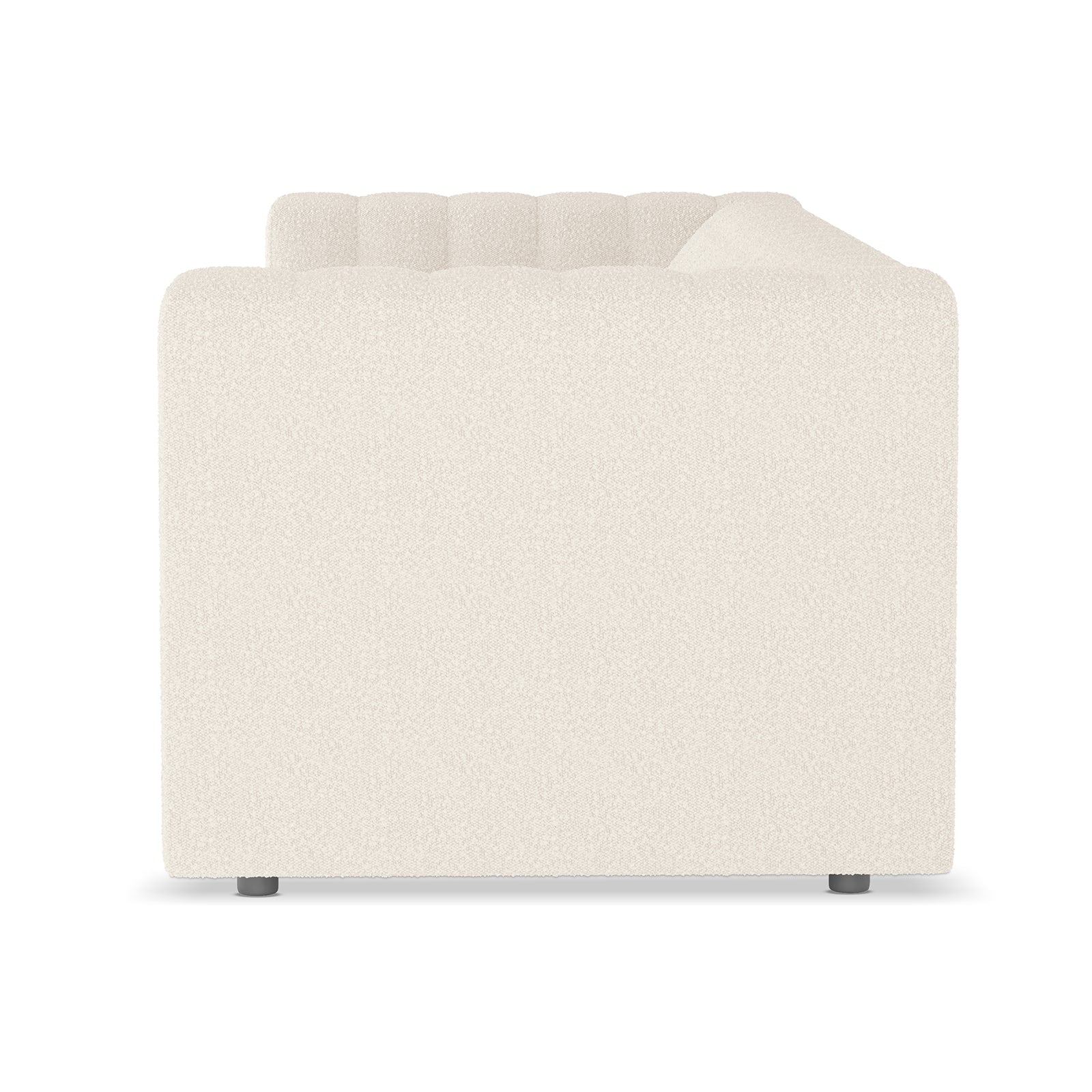 Parisa 4 Seater Tufted Boucle Sofa Set Cream White with black legs, showcasing a tufted design and luxurious boucle fabric, positioned against a simple backdrop, highlighting its modern low-rise structure with armrests.