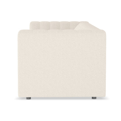 Parisa 4 Seater Tufted Boucle Sofa Set Cream White with black legs, showcasing a tufted design and luxurious boucle fabric, positioned against a simple backdrop, highlighting its modern low-rise structure with armrests.