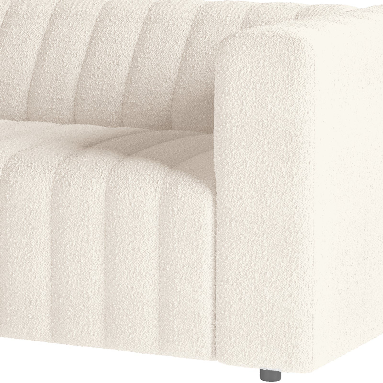 Close-up of the Parisa 4 Seater Tufted Boucle Sofa Set Cream White, showcasing its plush tufted detailing and modern low-rise design with armrests, highlighting its stylish and inviting appearance.