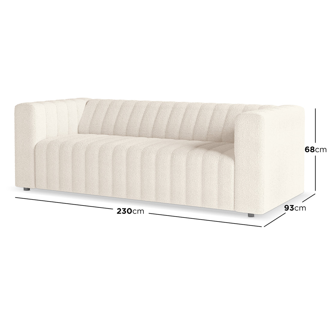 Parisa 4 Seater Tufted Boucle Sofa Set in Cream White, features a modern low-profile design with channel-tufted cushions, squared arms, and nearly hidden legs; dimensions: 230cm wide, 93cm deep, 68cm tall.