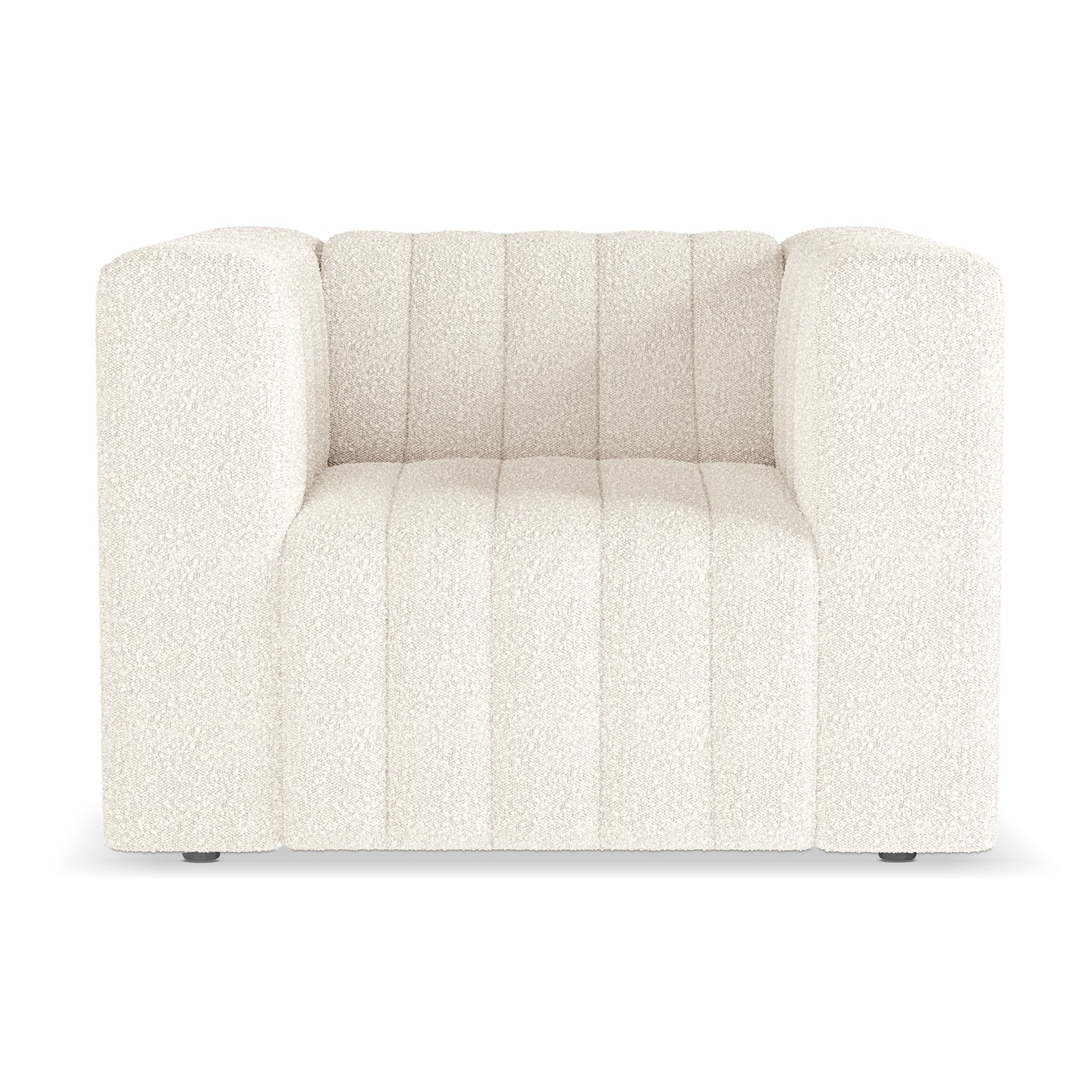 The image shows a single club chair from the Parisa 4 Seater Tufted Boucle Sofa Set in Cream White, featuring wide arms, deep channel-tufted seat and back, and low discreet feet.
