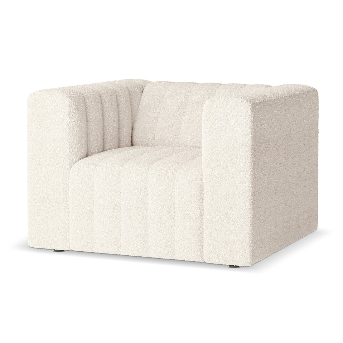 Parisa 4 Seater Tufted Boucle Sofa Set in Cream White featuring a single-seat module with light-cream boucle fabric, thick square arms, and channel-stitched detailing on seat and back for a modern look.