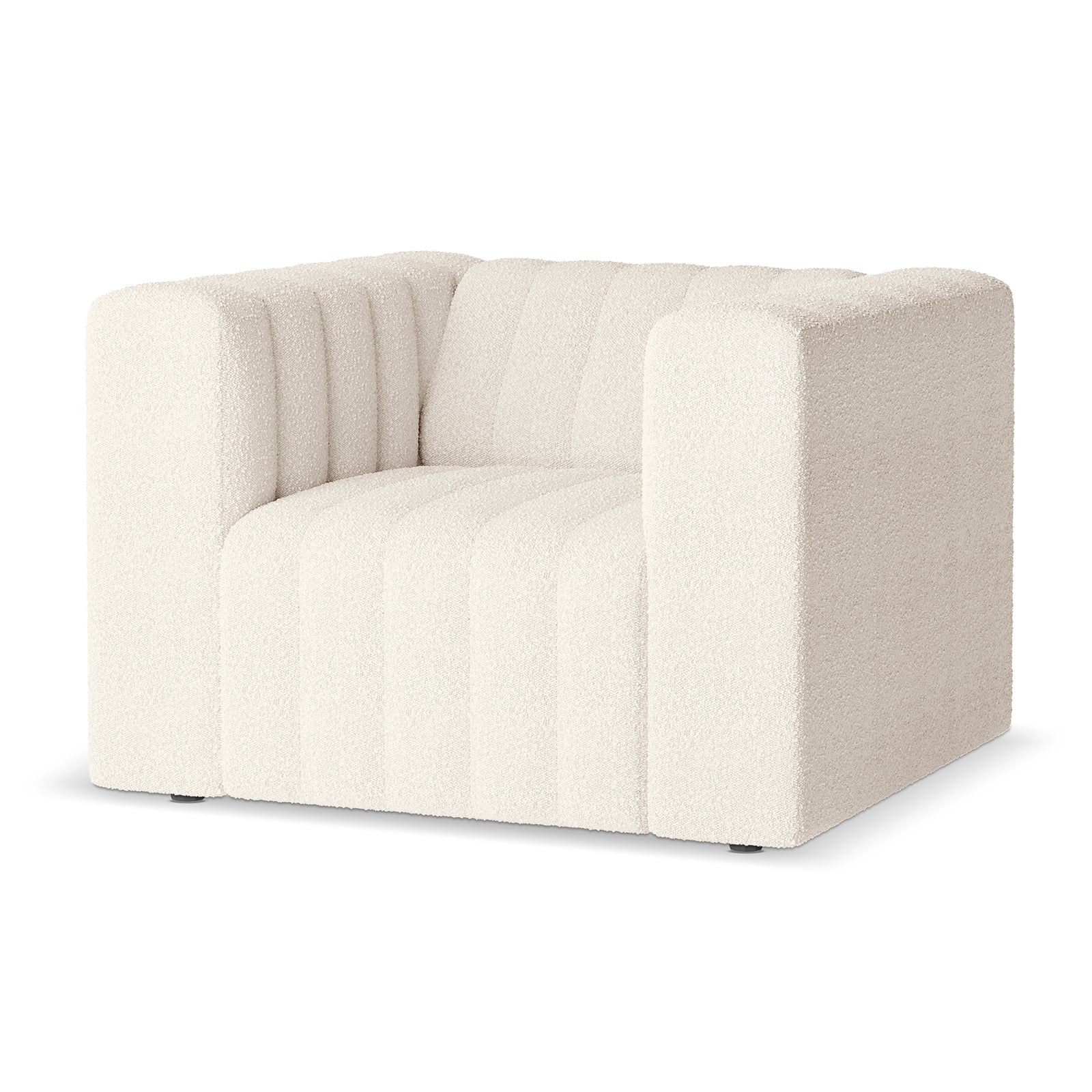 Parisa 4 Seater Tufted Boucle Sofa Set in Cream White featuring a single-seat module with light-cream boucle fabric, thick square arms, and channel-stitched detailing on seat and back for a modern look.