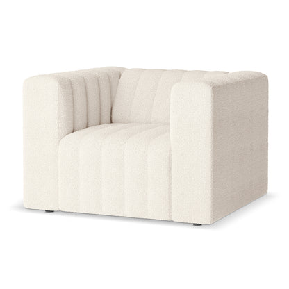 Parisa 4 Seater Tufted Boucle Sofa Set in Cream White featuring a single-seat module with light-cream boucle fabric, thick square arms, and channel-stitched detailing on seat and back for a modern look.