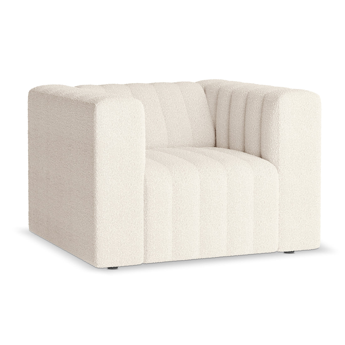 Parisa 4 Seater Tufted Boucle Sofa Set in Cream White, featuring a cube-shaped design with deep vertical channel tufting, off-white boucle upholstery, squared arms, and low black feet.