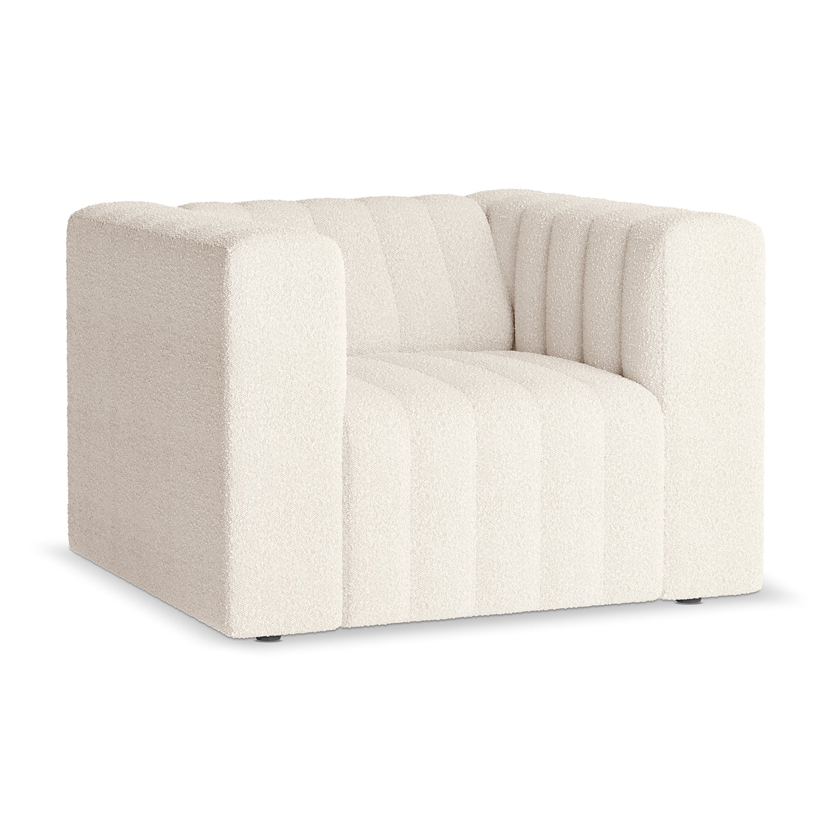 Parisa 4 Seater Tufted Boucle Sofa Set in Cream White, featuring a cube-shaped design with deep vertical channel tufting, off-white boucle upholstery, squared arms, and low black feet.
