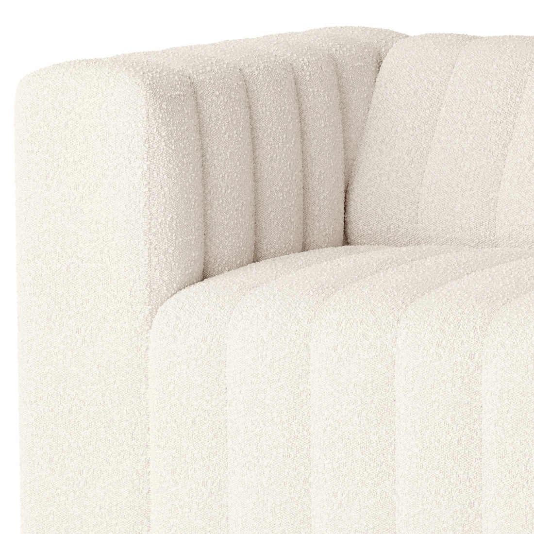 Close-up of the Parisa 4 Seater Tufted Boucle Sofa Set in Cream White, showcasing plush bouclé fabric and distinct vertical channel-stitching on the armrest and seat, highlighting its modern elegance.
