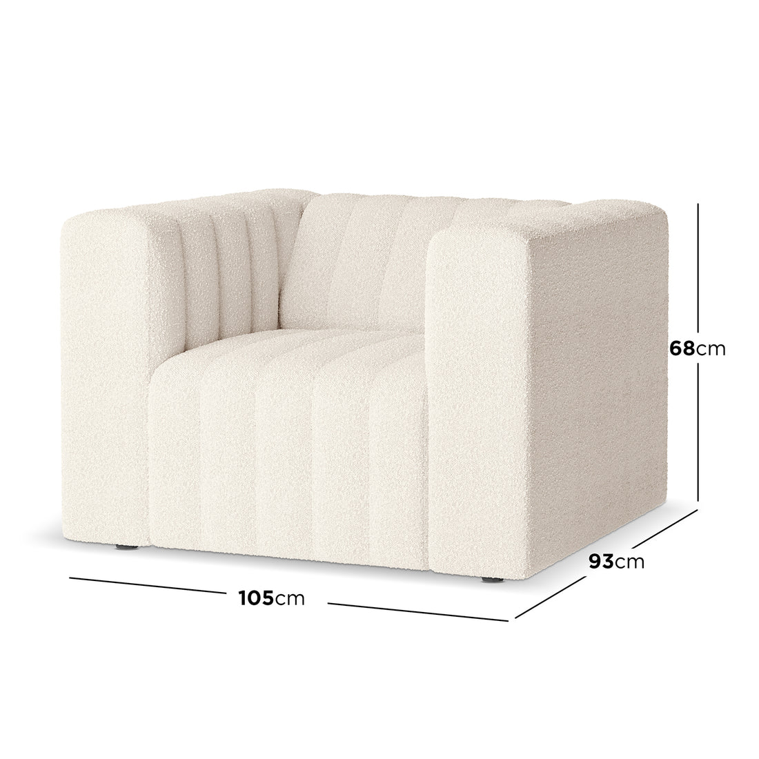 Parisa 4 Seater Tufted Boucle Sofa Set in Cream White, featuring a single-seat, boxy lounge chair with light-cream boucle upholstery, measuring 105 cm wide, 93 cm deep, and 68 cm tall.