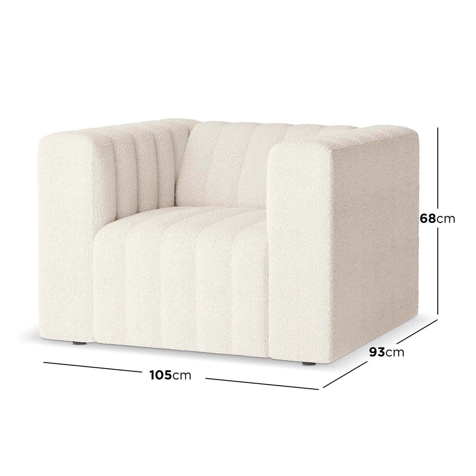 Parisa 4 Seater Tufted Boucle Sofa Set in Cream White, featuring a single-seat, boxy lounge chair with light-cream boucle upholstery, measuring 105 cm wide, 93 cm deep, and 68 cm tall.