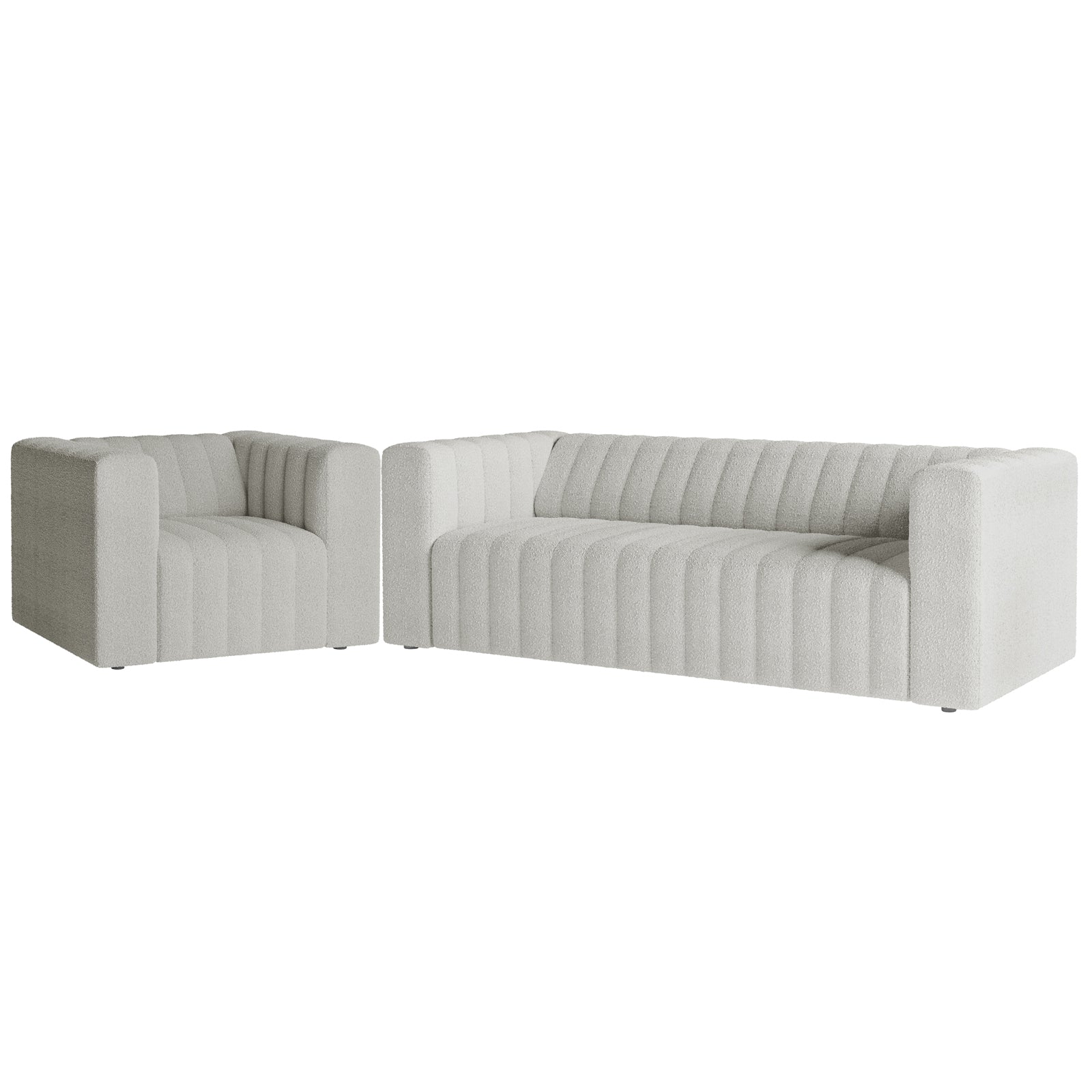 Parisa 4 Seater Tufted Boucle Sofa Set in Light Grey, featuring a corner and a sofa module with deep vertical channel tufting, upholstered in boucle-like fabric, accentuating modern, box-style design.