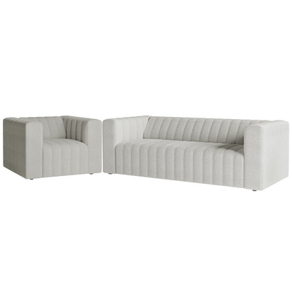 Parisa 4 Seater Tufted Boucle Sofa Set in Light Grey, featuring a corner and a sofa module with deep vertical channel tufting, upholstered in boucle-like fabric, accentuating modern, box-style design.
