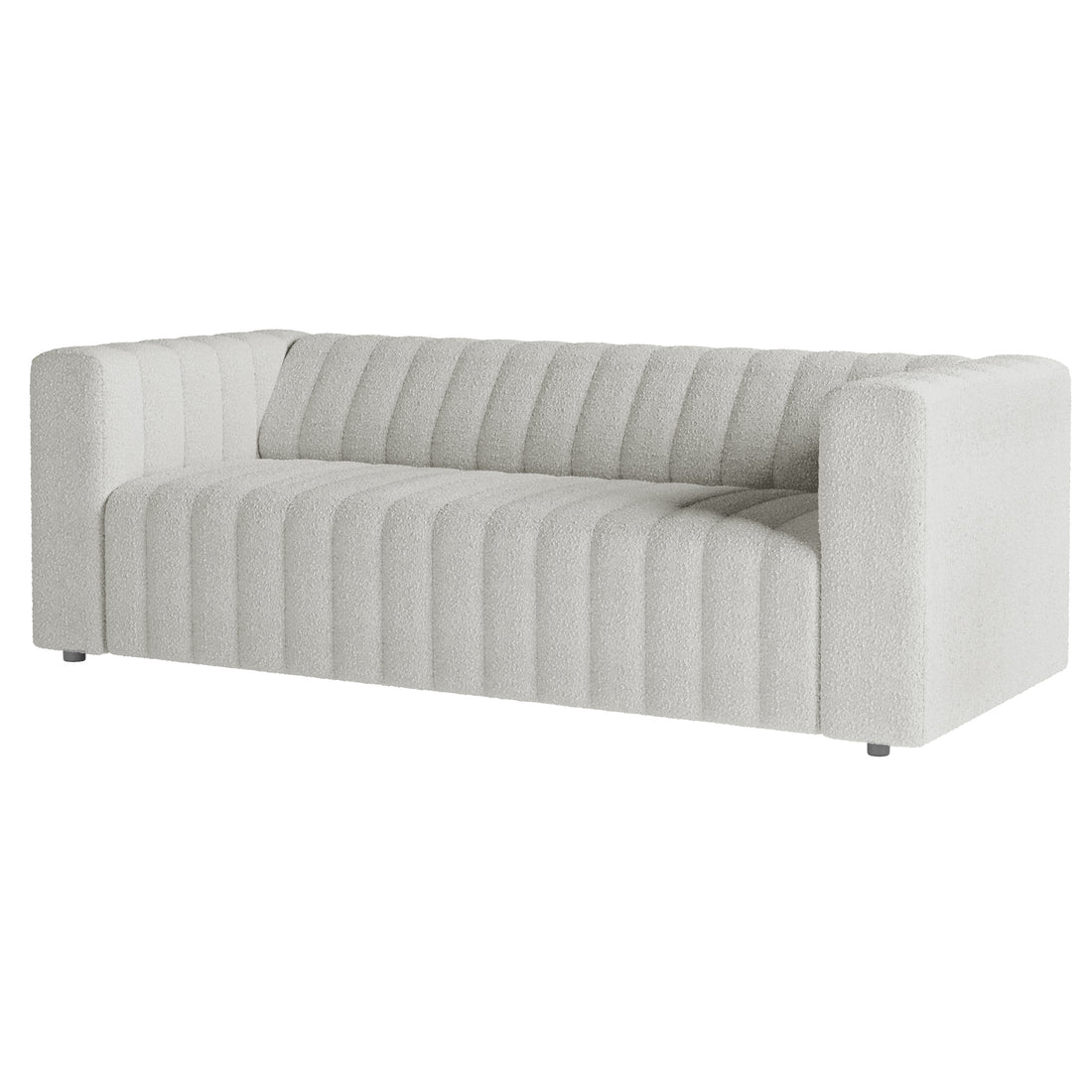 Parisa 4 Seater Tufted Boucle Sofa Set in Light Grey, featuring deep channel-stitched cushioning, squared arms, and low legs, upholstered in luxurious bouclé fabric for a sleek, modern look.