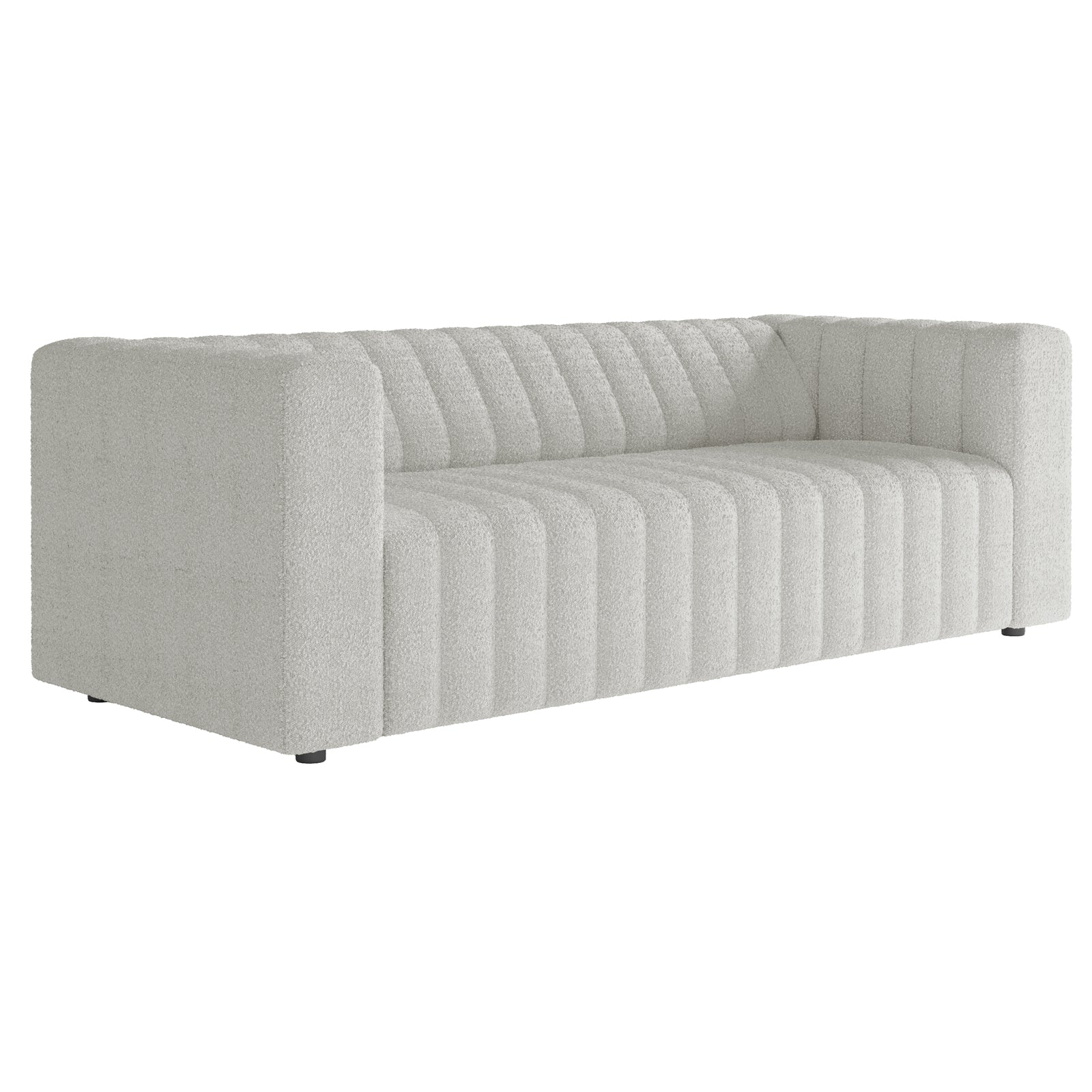 Parisa 4 Seater Tufted Boucle Sofa Set in Light Grey features a modern, boxy silhouette with deep vertical channel tufting, squared armrests, and low feet, offering stylish, plush seating.