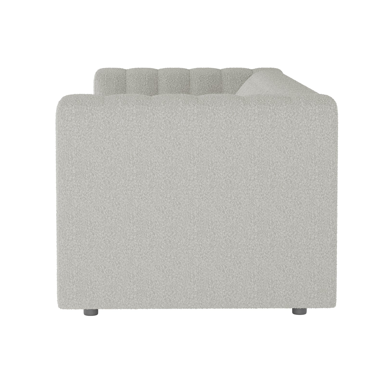 Side view of Parisa 4 Seater Tufted Boucle Sofa Set in Light Grey, showcasing the blocky armrest, softly tufted back cushion, and low cylindrical feet, upholstered in boucle-style fabric.