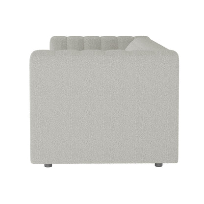 Side view of Parisa 4 Seater Tufted Boucle Sofa Set in Light Grey, showcasing the blocky armrest, softly tufted back cushion, and low cylindrical feet, upholstered in boucle-style fabric.