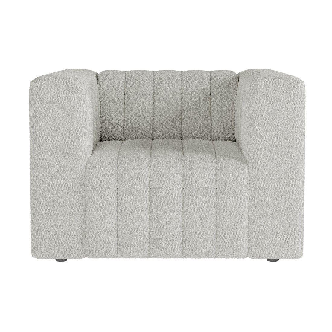 Parisa 4 Seater Tufted Boucle Sofa Set in Light Grey features a modern block-style with wide armrests, gently curved back, and subtle vertical channeling, upholstered in luxurious boucle fabric.