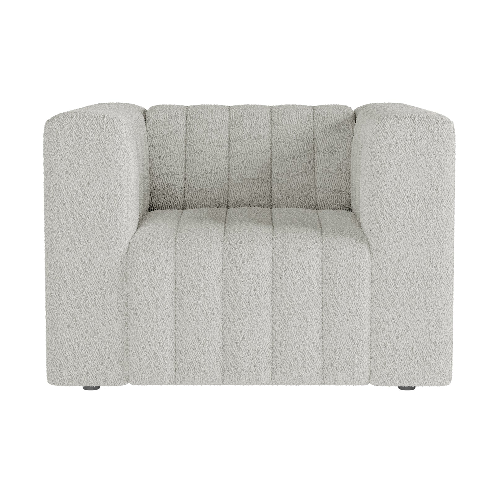 Parisa 4 Seater Tufted Boucle Sofa Set in Light Grey features a modern block-style with wide armrests, gently curved back, and subtle vertical channeling, upholstered in luxurious boucle fabric.