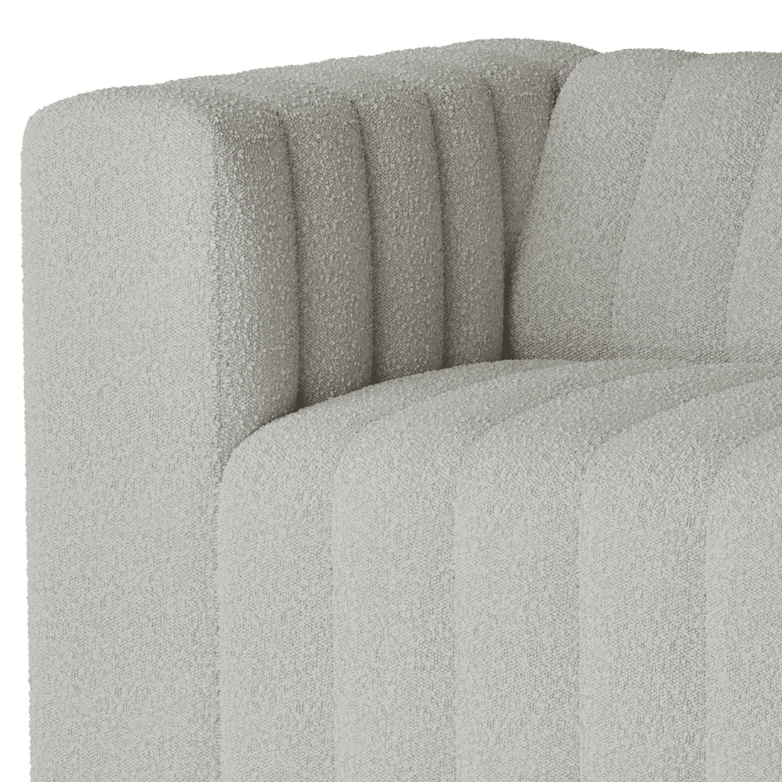 Close-up of the Parisa 4 Seater Tufted Boucle Sofa Set in Light Grey, showcasing the corner with armrest and seat junction, upholstered in bouclé fabric with vertical channel tufting.