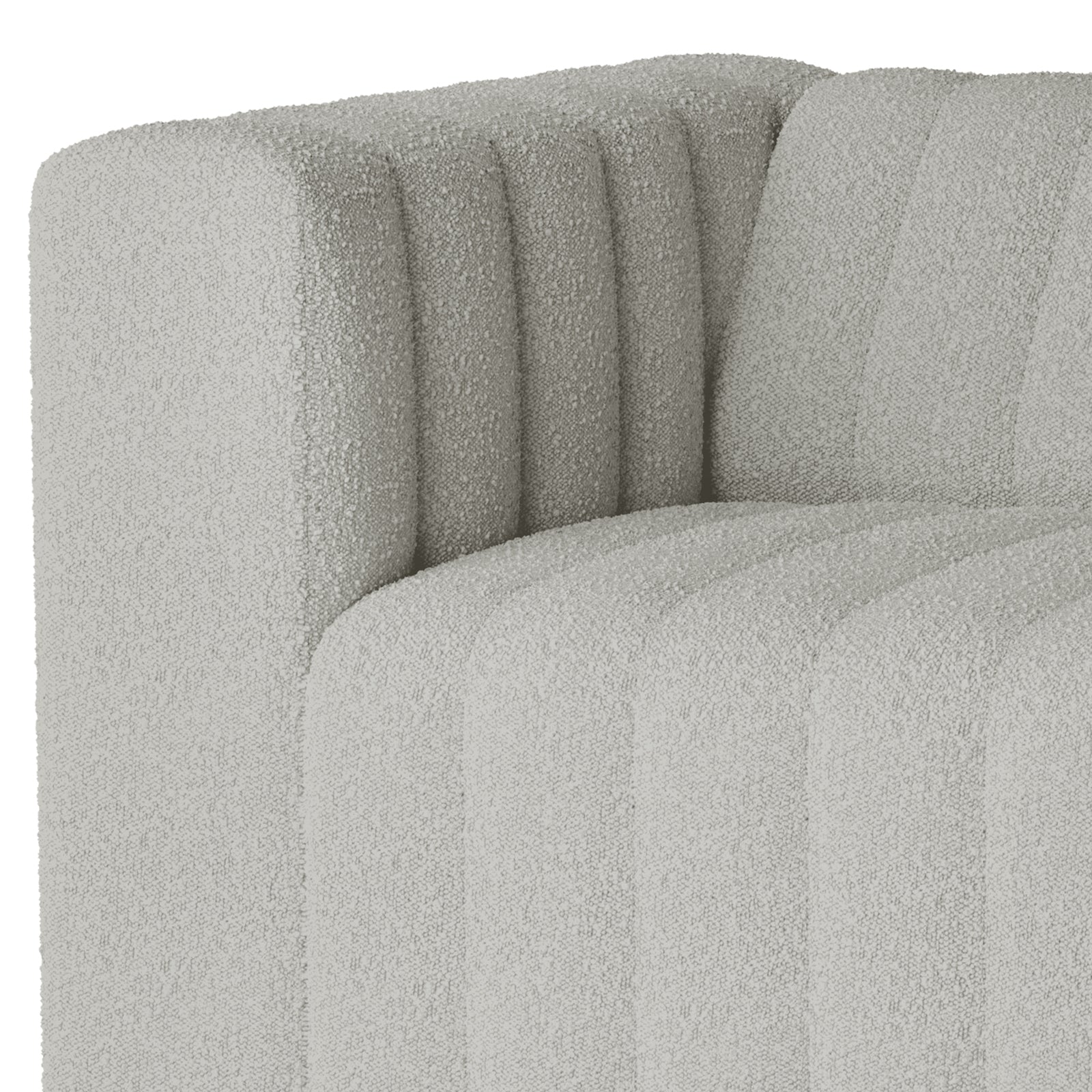 Close-up of the Parisa 4 Seater Tufted Boucle Sofa Set in Light Grey, showcasing the corner with armrest and seat junction, upholstered in bouclé fabric with vertical channel tufting.