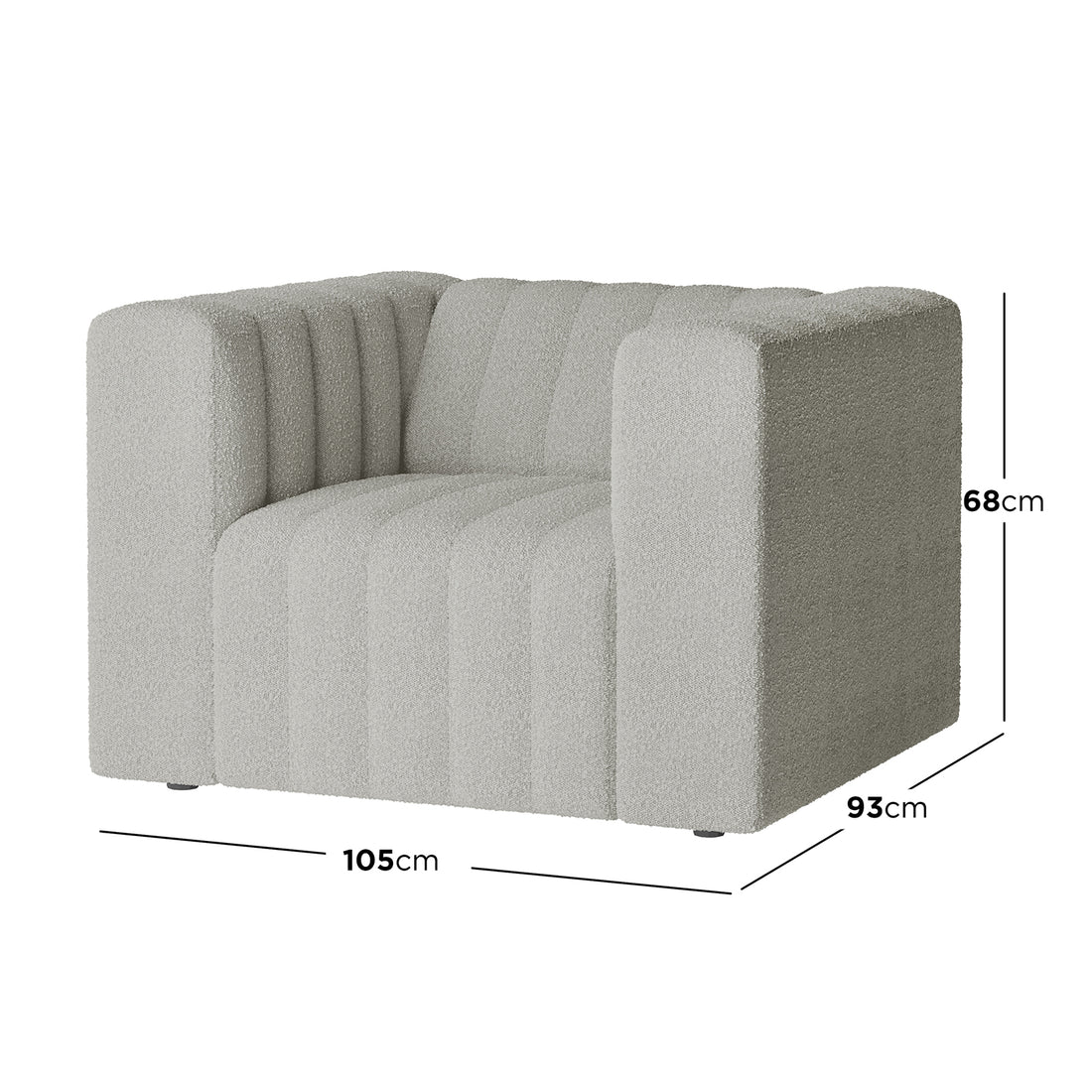 Parisa 4 Seater Tufted Boucle Sofa Set in Light Grey, featuring a boxy armchair design with light-grey bouclé upholstery, channel-tufted seat, back, and inner arm panels, and uniform arm and back height.