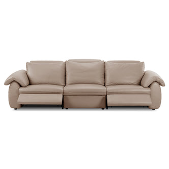 Beige three-seater reclining sofa on a white background