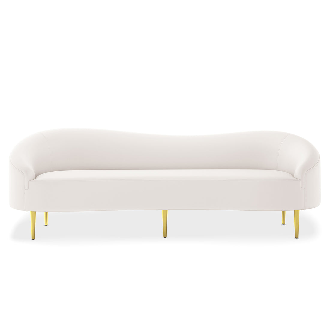 Prima 3 Seater Velvet Sofa in Cream with gently curved design, upholstered in soft fabric, featuring five slender brass-finished metal legs, offering a modern and elegant addition to any living room.